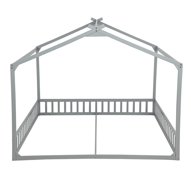 Double Twin Size House-Shaped Canopy Floor Bed with Safety Guardrails, Kids Wooden Low Profile Bed Frame with Open Roof Design