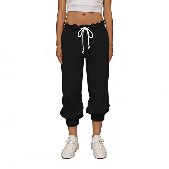 Ayolanni Summer Pants for Women Solid Boho Stretch Jogger Pants Drawstring Elastic Waist Black Lounge Baggy Trousers with Pockets L