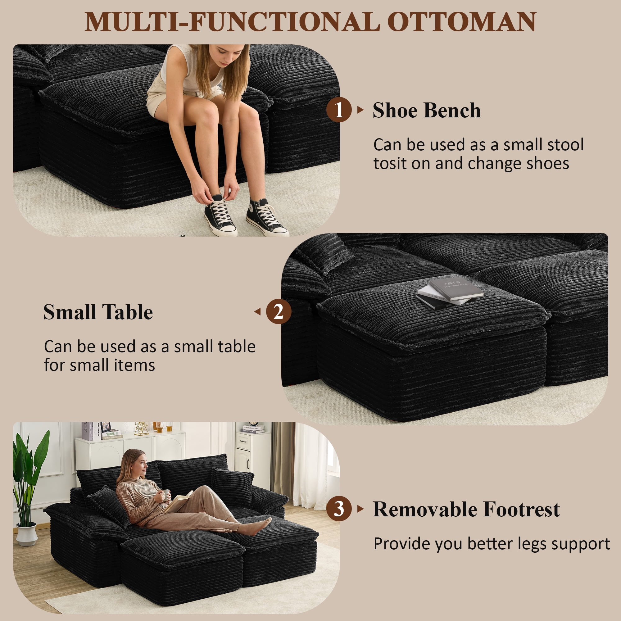 Leumius 81" Convertible Sectional Sofa, Oversized Corduroy Cloud Couch with 2 Movable Ottoman, Comfy Boneless Couch Bed for Living Room Apartment Office, No Assembly,Black