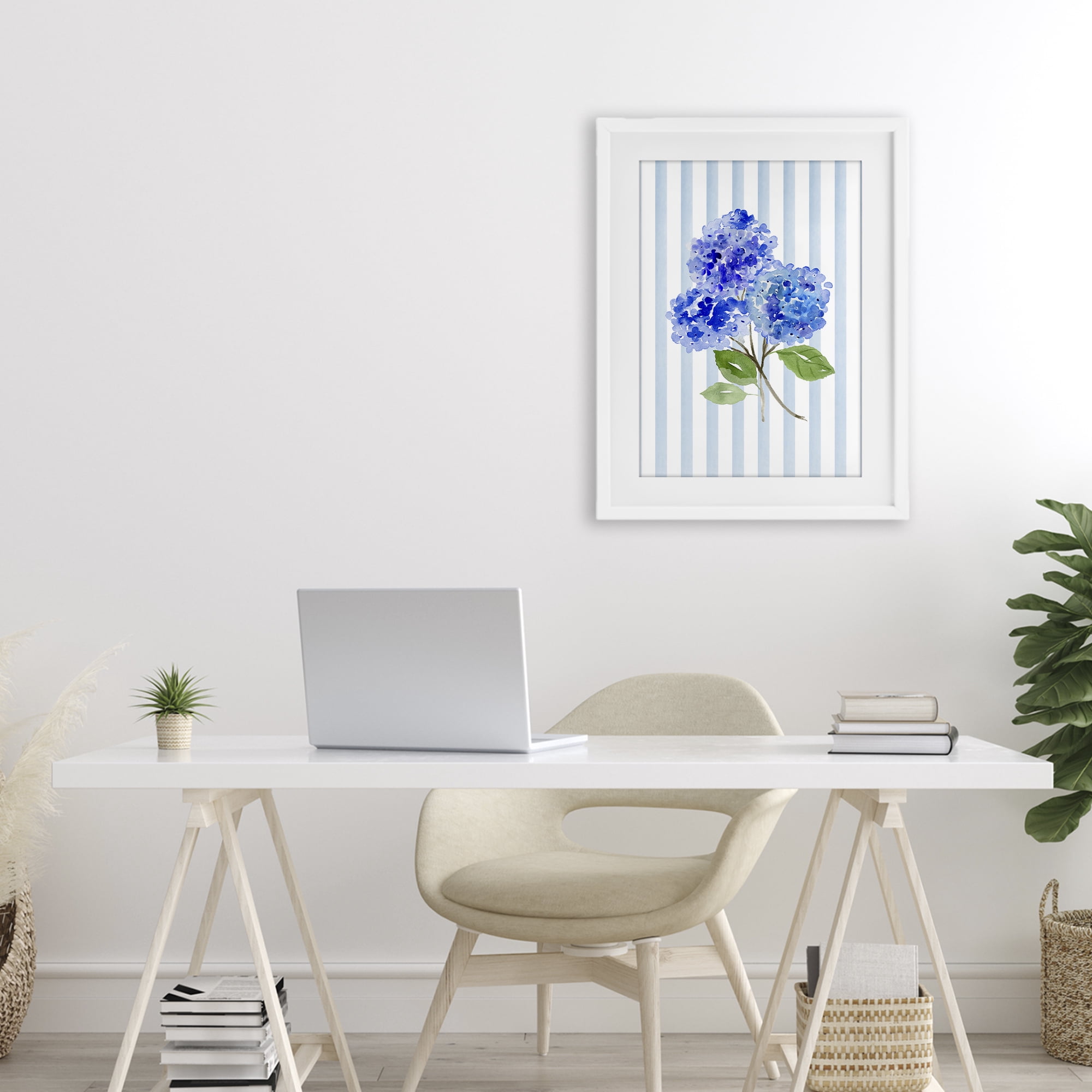 Stupell Industries Blue Hydrangeas over Stripes White Framed Print Under Glass, design by Corinne Haig
