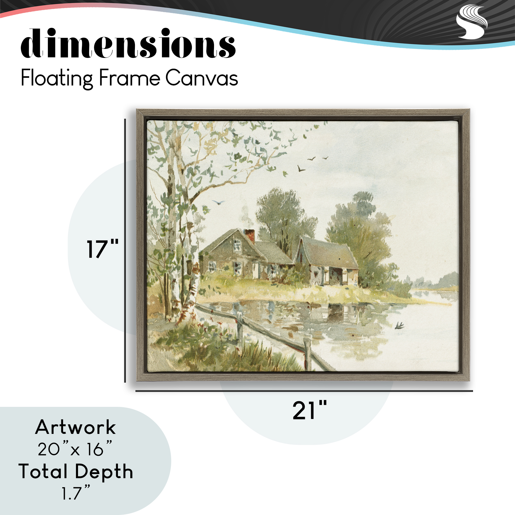 Cabin Along River's Edge Brown Framed Floater Canvas Wall Art, design by Lettered and Lined