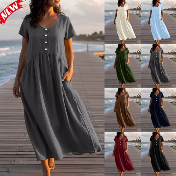Taqqpue Women Maxi Dress Casual Short Sleeve Round Neck Long Dress Loose Fit Plus Size Dress Stripe Printed Beach Vacation Sundress for Women