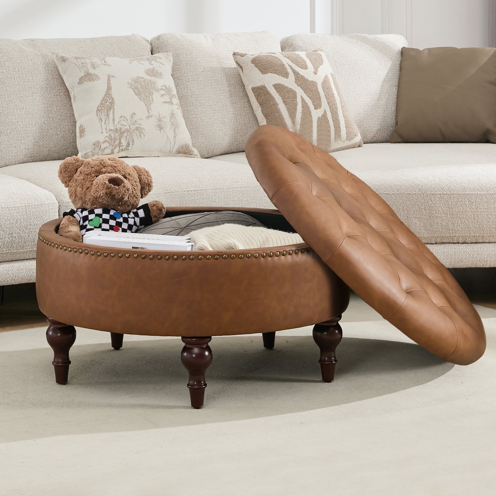 JURANYAZHU 31.5 Inch Oversized Storage Ottoman, Upholstered Storage Seat, with Reversible Lid, Multifunctional As a Coffee Table, PU Fabric, for Living room,Bedroom,Brown