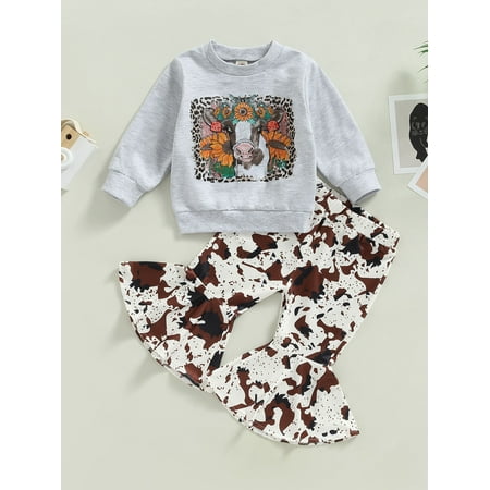 

Toddler Baby Girl Western Clothes Cowgirl Outfits Bell Bottoms Long Sleeve Sweatshirt Pullover Top Cow Print Flared Pants (Cow Print Grey 0-6 Months)