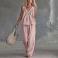 thumbnail image 4 of BRELIL Women's Two Piece Sets Summer Casual Loungewear V Neck Sleeveless Tank Top Wide Leg Loose Long Pants Matching Sets Solid Boho Beach Outfits Vacation Travel Tracksuit, Pink XL, 4 of 6