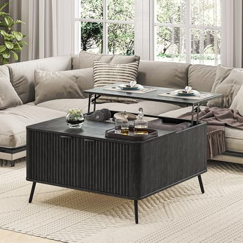 Lift Top Coffee Table for Living Room, 35.4" Square Modern Fluted Coffee Table with Storage, Center Table with Hidden Storage Compartment, Large Rustic, Black