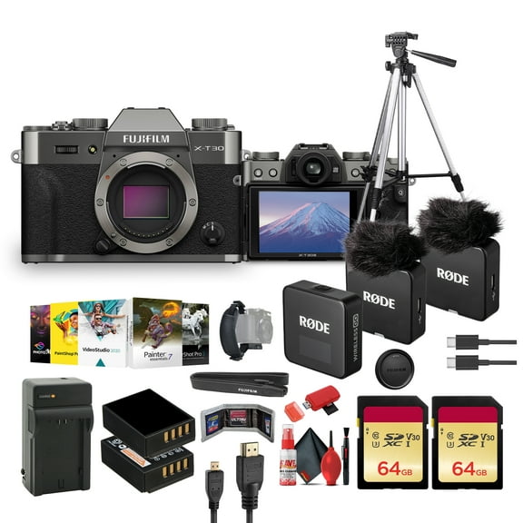 FUJIFILM X-T30 III Mirrorless Camera Body (Charcoal Silver) Bundle With RODE Wireless GO (Gen 3) 2-Person Compact Microphone   64GB Memory Card   Tripod 72 INCH   Cleaning Kit   Camera Bag