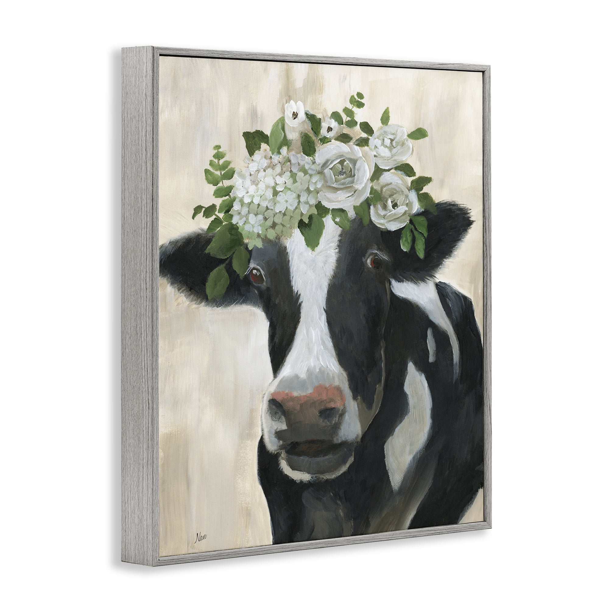 Stupell Industries Floral Crown Cow Animals & Insects Painting Gray Framed Art Print Wall Art, 16 x 20