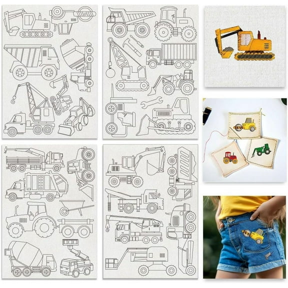4Sheets 31Pcs Water Soluble Embroidery 11.7x8.3inch Engineering Vehicle Pattern Transfers Water Soluble Stabilizer