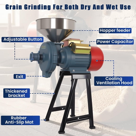 3000W Electric Grain Mill Grinder, Commercial Corn & Spice Grinder with Adjustable Thickness, Heavy Duty Dry Feed Flour Mill for Wheat, Rice, Herbs, Pepper 110V, Dry And Wet Use