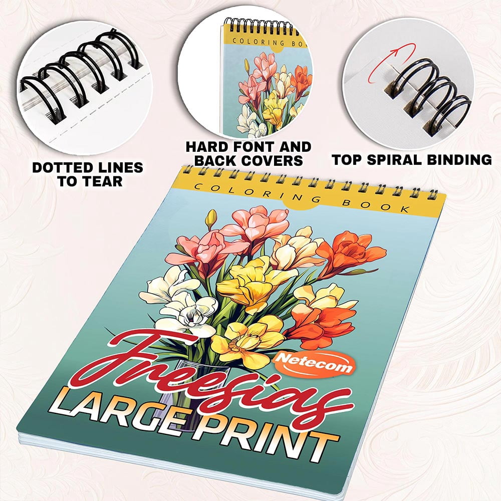 Netecom Large Print Freesias Coloring Book for Adults, Spiral Bound, Soft Cover