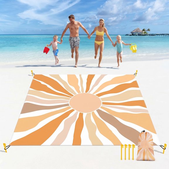 Beach Blanket Waterproof Sandproof, Extra-Large Picnic Blankets with Stakes & Travel Bag, Lightweight, Quick-Dry, Compact Beach Mat for Outdoors, Camping, Beach, Trips – Summer Vacation Essentials