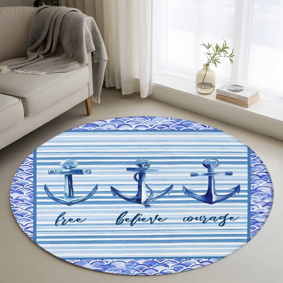 Ocean Archor Round Area Rug 4Ft Washable Circle Rugs for Bedroom Dining Room, Summer Rustic Nautical Coastal Beach Blue Stripes Non-Slip Carpet Floor Mats Indoor Outdoor Carpet Runner Home Decor