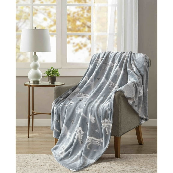 Your Zone Gray Dino Polyester Velvet Plush Glow in the Dark XL Oversized Throw Blanket, 50 X72 inches, Kids