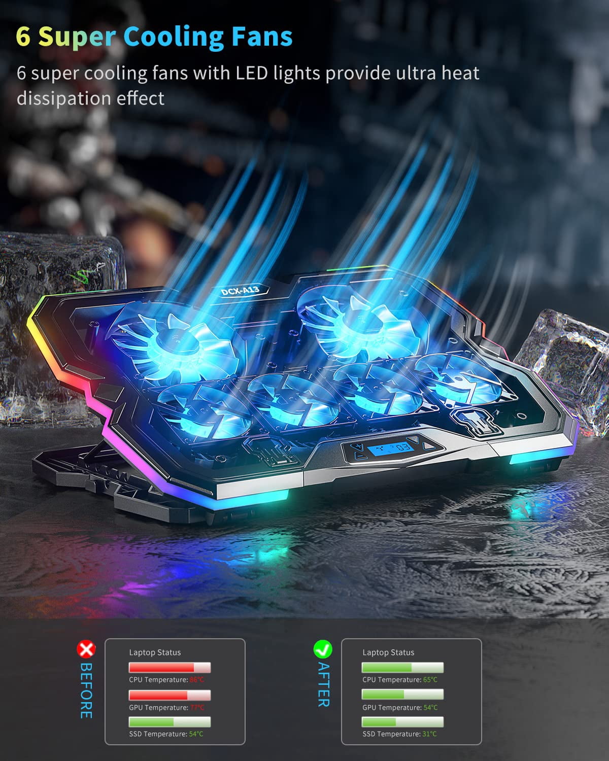 Upgrade Laptop Pad A13 Rgb Lights Cooler 6 Fans For Up To 15.6 Inch Laptops 10 Modes Light  7 Height Stands 2 Usb Ports - Blue