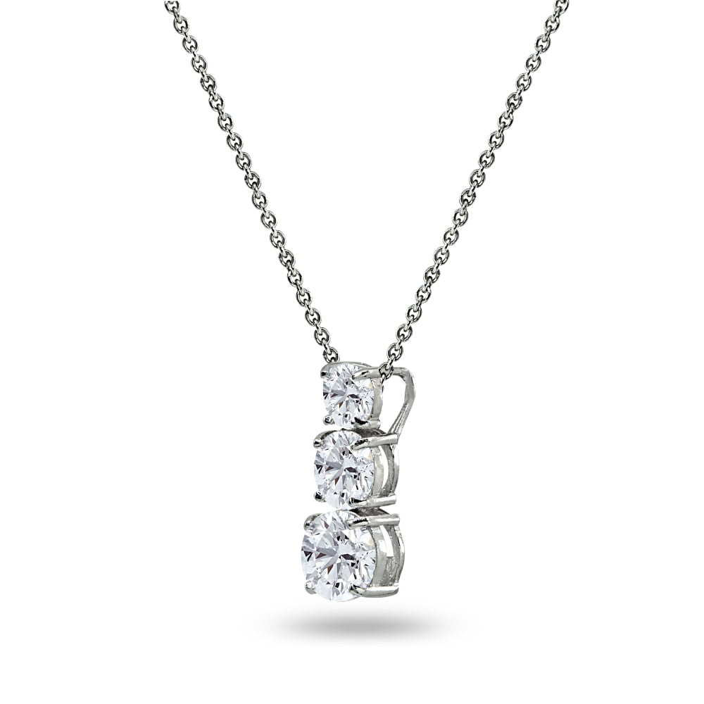 Created White Sapphire Round 3-Stone Journey Sterling Silver Pendant Necklace
