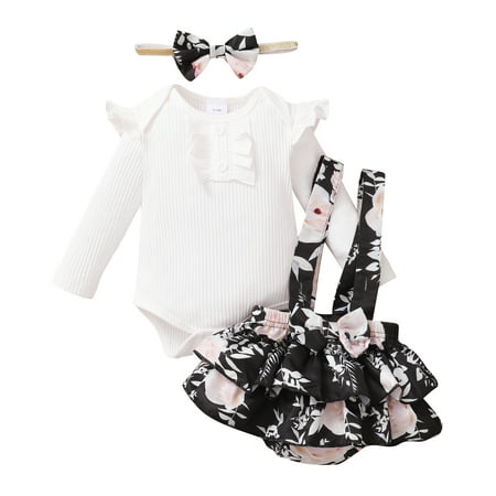 

KIMI BEAR Newborn Baby Girls Romper Outfits 0 Months Newborn Girls Fall Winter Clothes 3 Months Girls Sweet Pit Stripes Long Sleeve T-shirt Floral Suspender Dress 2PCs Set White