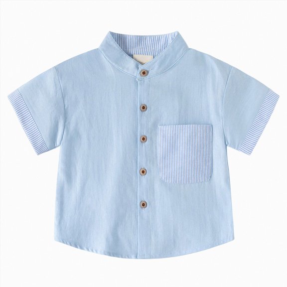 WUANDIXFA Boys Oxford Shirt 1-8T Boys Linen Shirts Casual Button Down Shirt Short Sleeve Solid Button Up Shirt with Pocket,Blue,5-6 Years