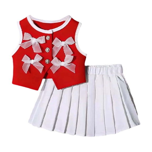 Girls O-neck Sleeveless Bow Vest Top with White Pleated Skirt 2 Piece Formal Dress Set Outfit Set