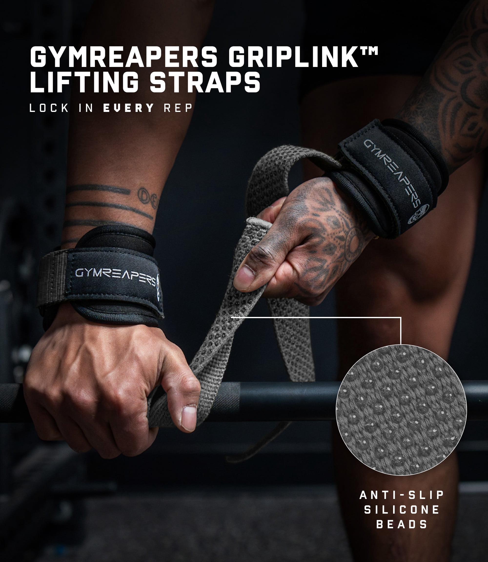 Gymreapers GripLink Lifting Straps – Heavy Duty D-rings Wrists Straps with Anti-Slip Silicone Grip Beads, Cushioned, Adjustable Support for Deadlifts, Powerlifting, Cable Machines and Gym Trainings
