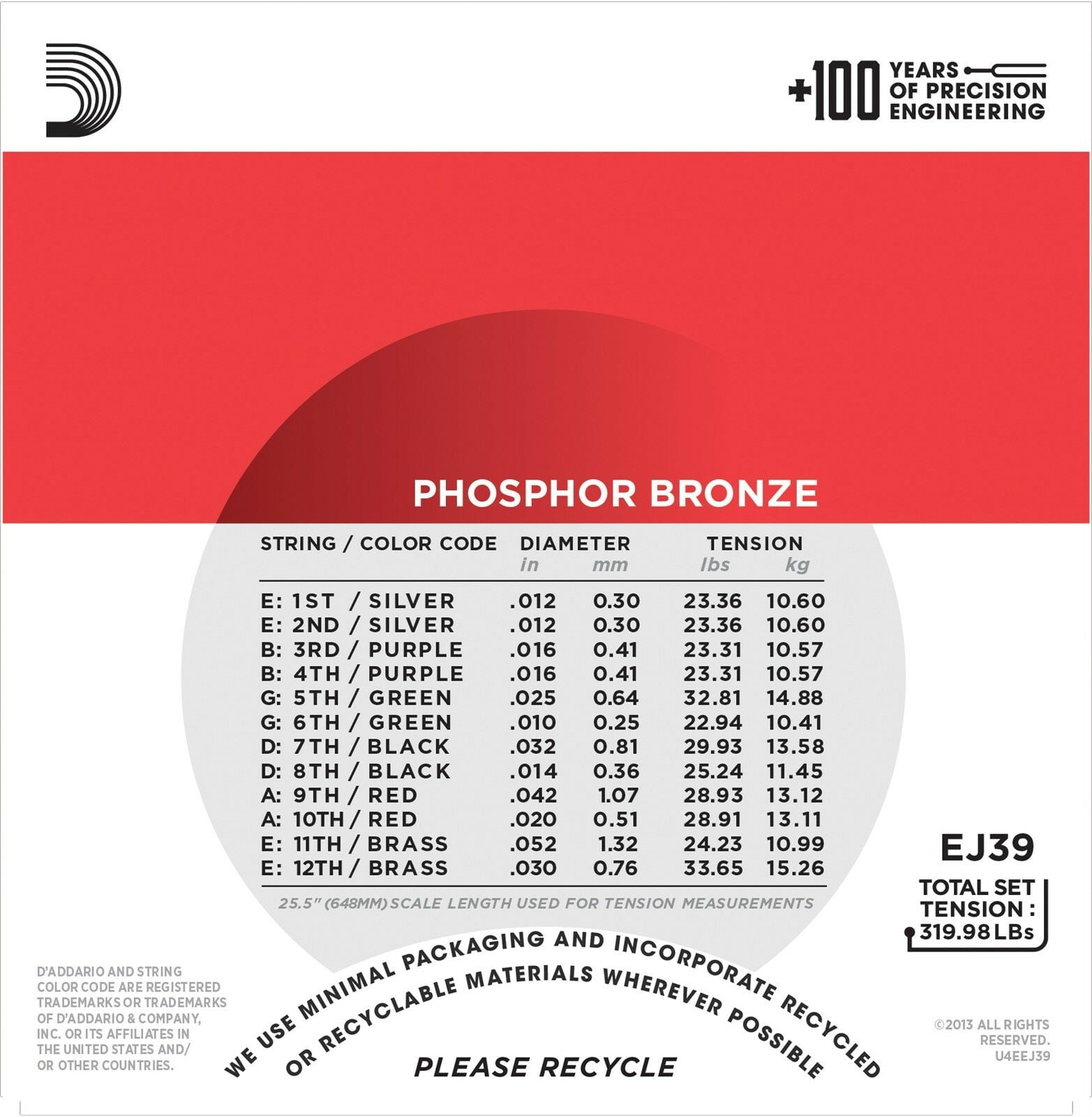 D'Addario Guitar Strings 12 String 12-52 Phosphor Bronze 3-Pack