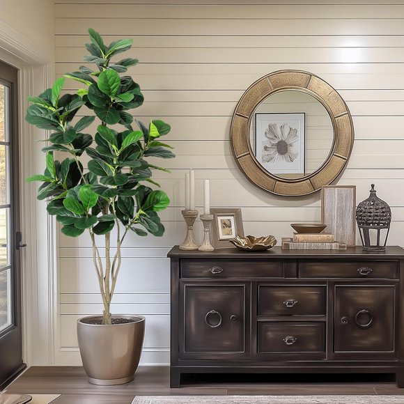 6FT Fiddle Leaf Fig Artificial Tree Faux Floor Plant with Black Planter Pot, Potted Fake Fiddle Leaf Fig Tree for Indoor Outdoor Home Office Decor