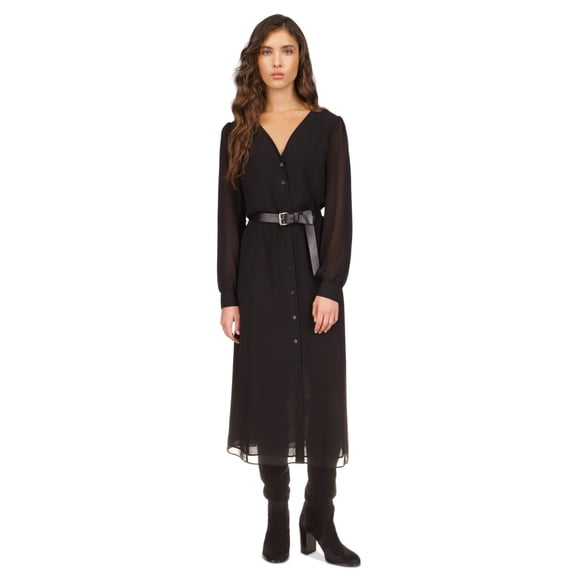 Michael Kors Womens Belted Button Down Midi Dress, Black, Petite, PP/PXS