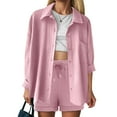 thumbnail image 3 of vigerkar Women's 2 Piece Lounge Tracksuit Outfit Sets Cotton Linen Long sleeve Shirt and Drawstring Casual Shorts Set Pink, M, 3 of 8