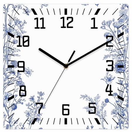 Blue Spring Floral Wooden Wall Clock Silent Non Ticking, Summer Flowers Botanical Square Wall Clocks Battery Operated, Decor Clock for Home Office, Living Room, Kitchen, 10 Inch
