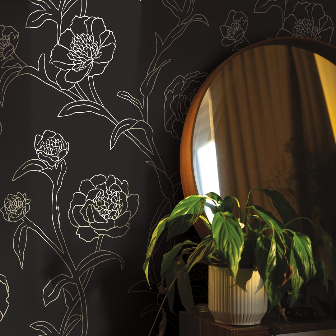 Tempaper Black & Metallic Gold Peonies Peel and Stick Wallpaper, 20.5" x 16.5'