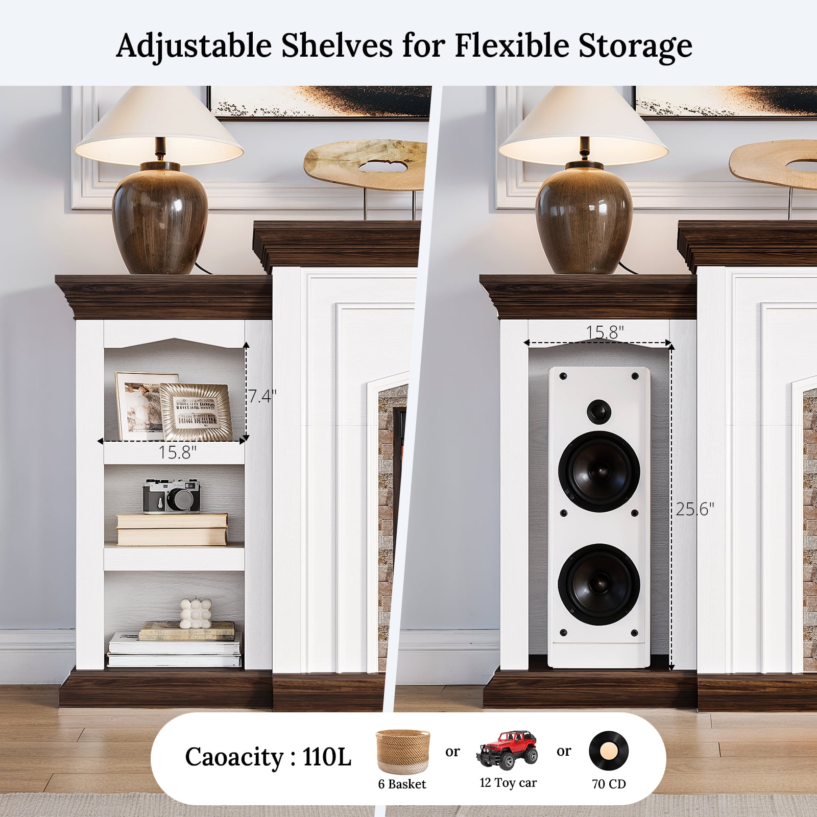 LGHM 80" Fireplace TV Stand with Storage & Bookshelves, Electric Fireplace with Mantel, Farmhouse Entertainment Center for TVs up to 90" with Remote Control, White & Brown