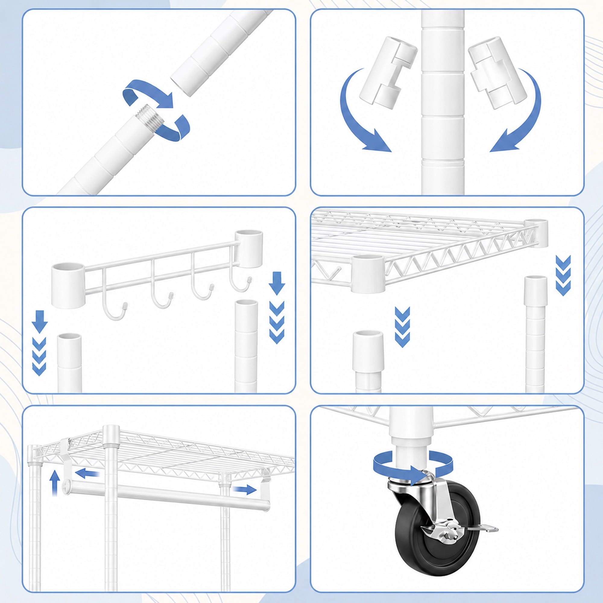 Leumius Heavy Duty Rolling Garment Rack, 3 Tiers Adjustable Wire Shelving Clothes Rack with Rods and Side Hooks,Storage Closet Clothing Rack with Wheels for Laundry Room Bedroom Cloakroom White