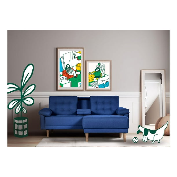 Sofá Cama Modular Reversible Makora Praia Lino Azul con Portavasos