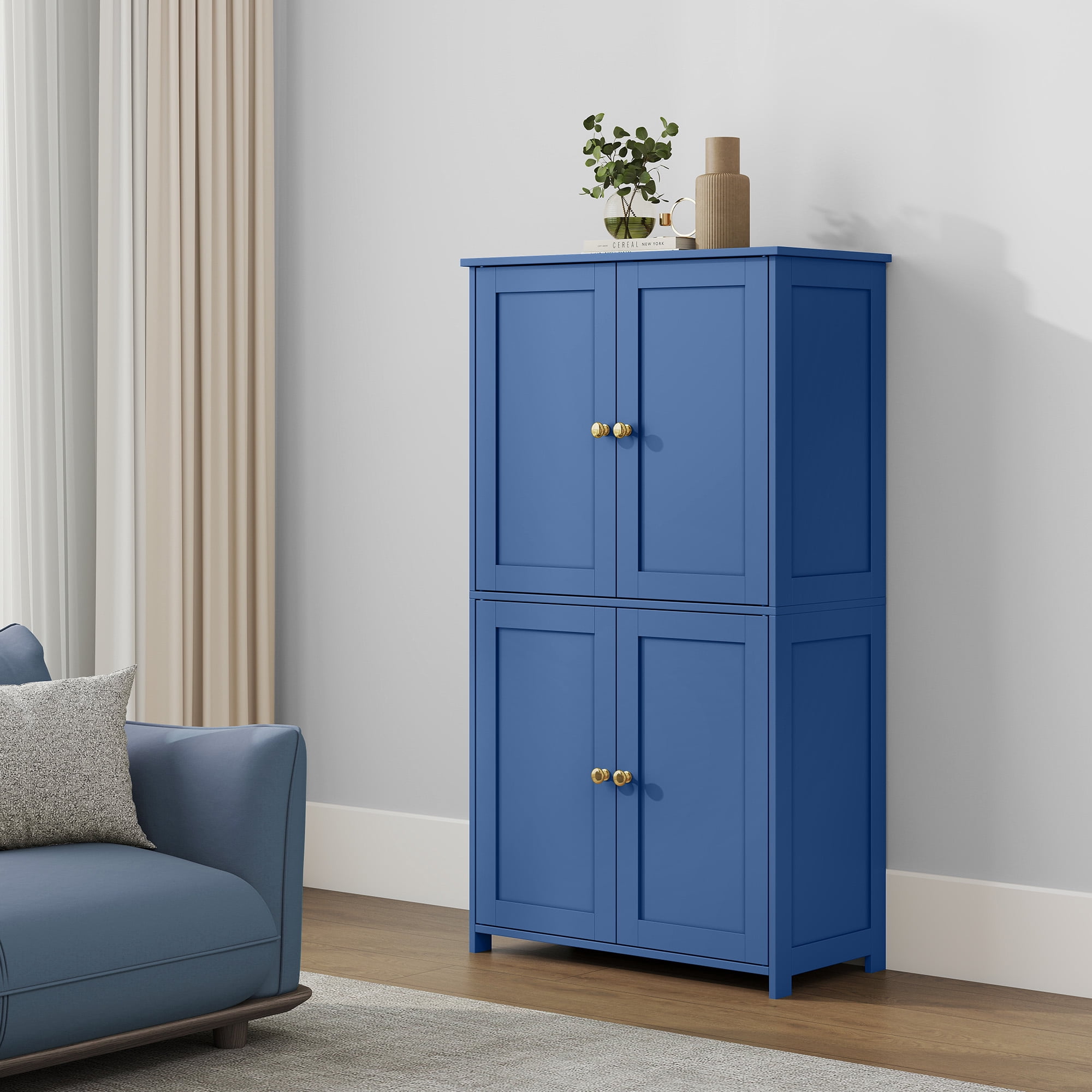 LEDREM Bathroom Storage Floor Cabinet Organizer with Adjustable Shelf 4 Magnetic Doors Freestanding for Living Kitchen Room Small Spaces,Blue