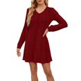 thumbnail image 1 of Robes d'Hiver Décontractées pour Femmes! Fadeal Nouvelle Robe Décontractée Unie à Col en V avec Poches Rayée Brossée à Manches Longues Robes d'Hiver pour Femmes Vin TG, 1 of 4