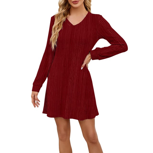 Robes d'Hiver Décontractées pour Femmes! Fadeal Nouvelle Robe Décontractée Unie à Col en V avec Poches Rayée Brossée à Manches Longues Robes d'Hiver pour Femmes Vin TG