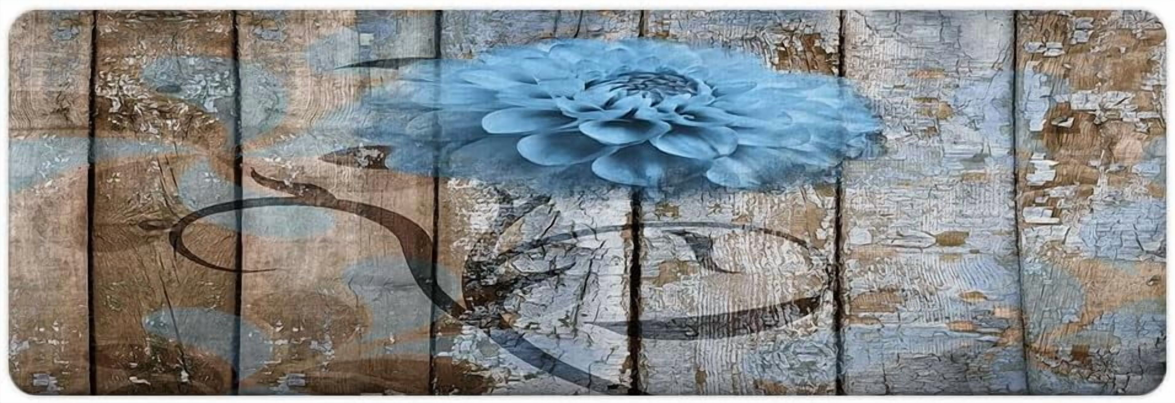 Farmhouse Floral Flower Bath Mat, Dahlia Rustic Wooden Plank Country Barn Wood Blue Flower Non-Slip Flannel Soft Doormat Floor Entryways Outdoor Indoor Front Door Mat, (16X48)