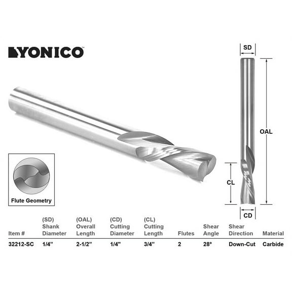Yonico CNC Router Bit Down Cut Solid Carbide 1/4"X 3/4" X 1/4" X 2-1/2" 32212-SC