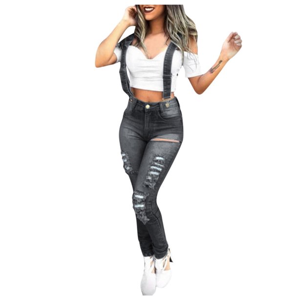Gibobby Mono Bombachos Mamelucos con pechera rasgada de mezclilla lavada Monos de mezclilla Monos de mezclilla para mujer Pantalones casuales para mujer(Gris, XXL)