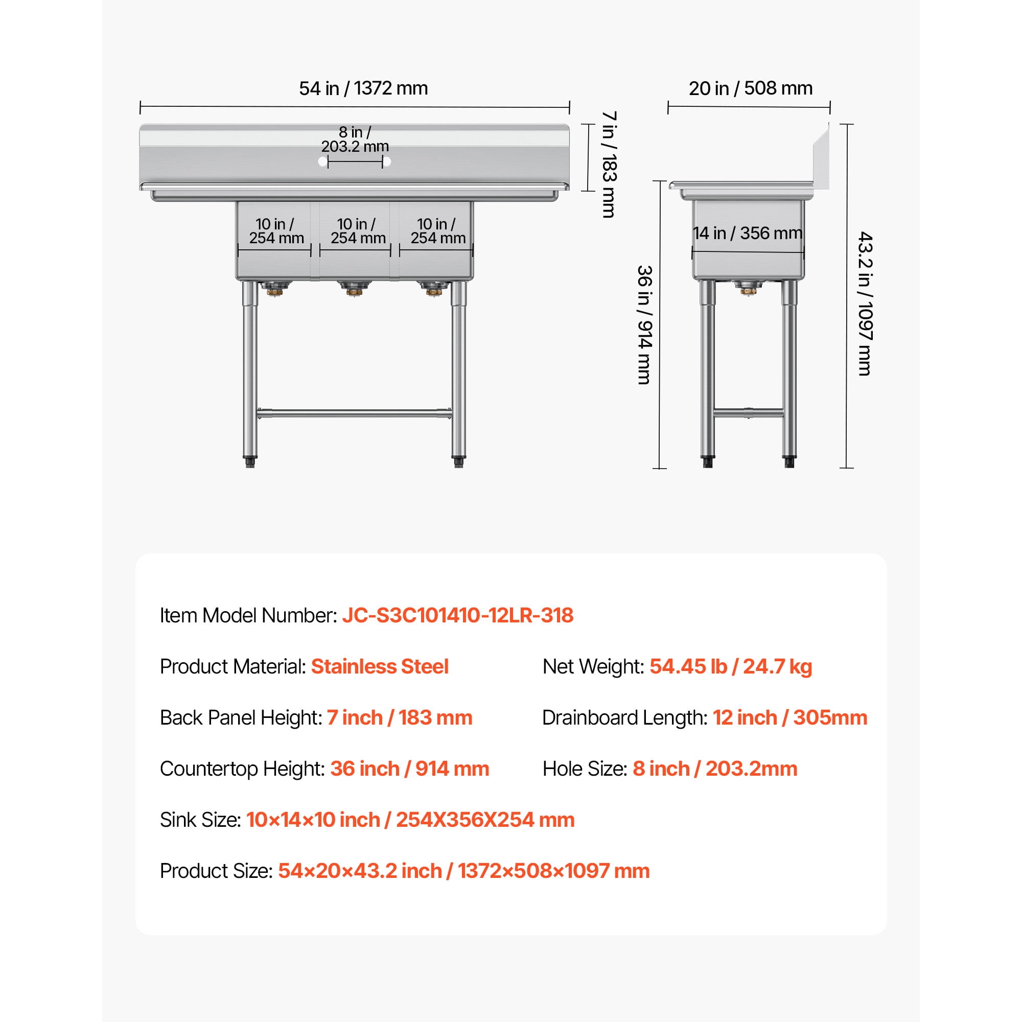 KFFKFF 3-Compartment Commercial Sink, 304 Stainless Steel, 18-Gauge, 10" x 14" x 10" Bowls, Dual Drainboards, 7" Backsplash, H-Frame, Black, (1 Unit)