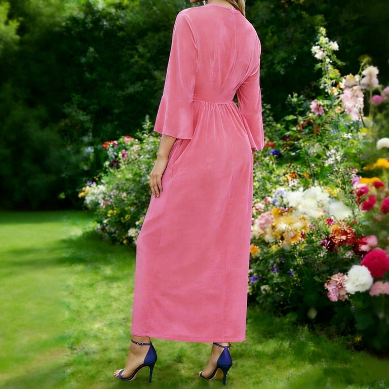Vekdone Women's Velvet Midi Dress 3/4 Trumpet Sleeve Crewneck Smocked Waist A-Line Dresses Cocktail Prom Party Elegant Dress Pink S, Size: Small