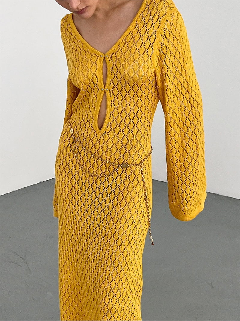 Women See Through Knit Maxi Dress V-Neck Long Sleeve Crochet Bodycon Long  Dress Backless Beach Bikini Cover Up Dresses - Walmart.com