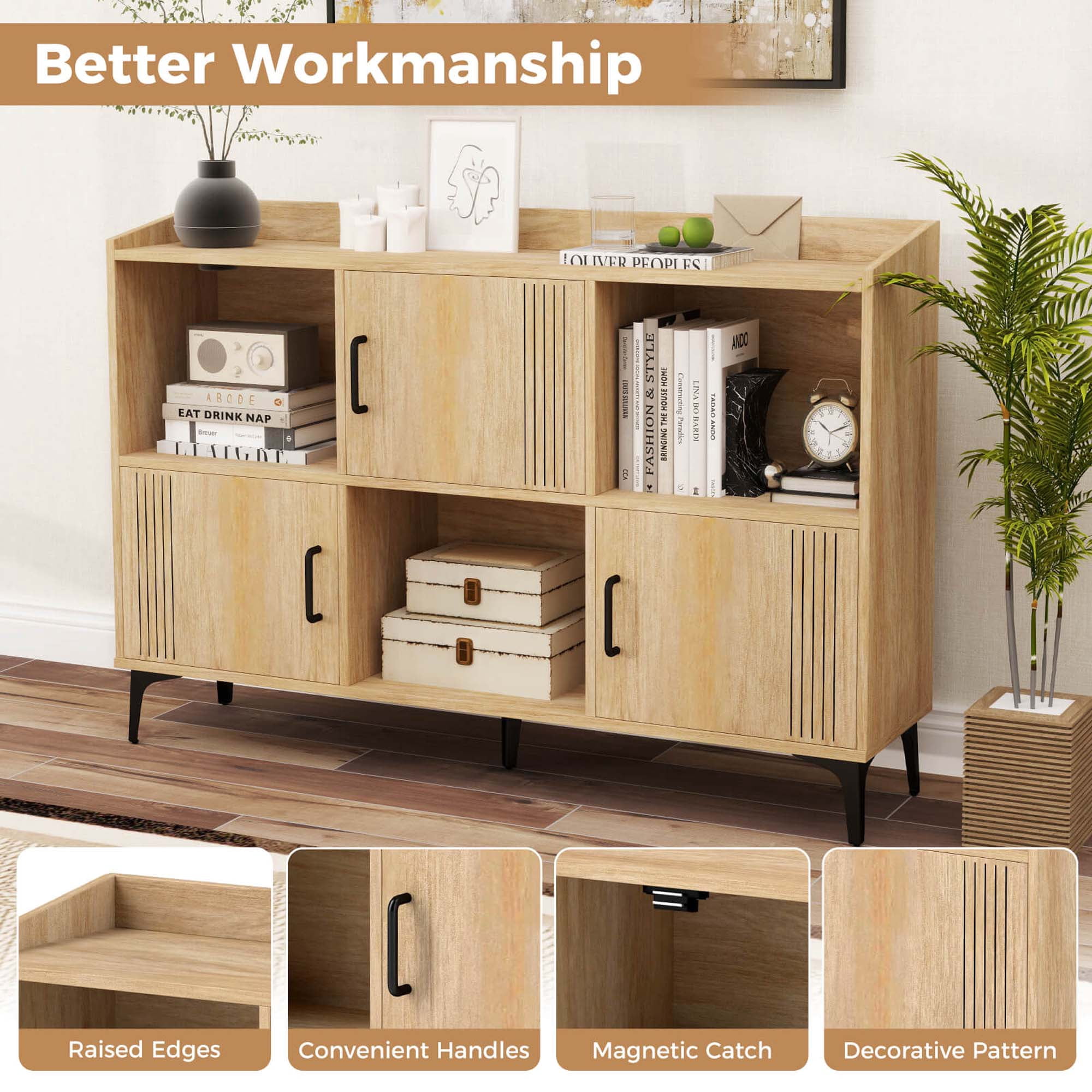 Costway 47" Wide Storage Cabinet Home Large Bookcase with 3 Door Cabinets & Open Shelves