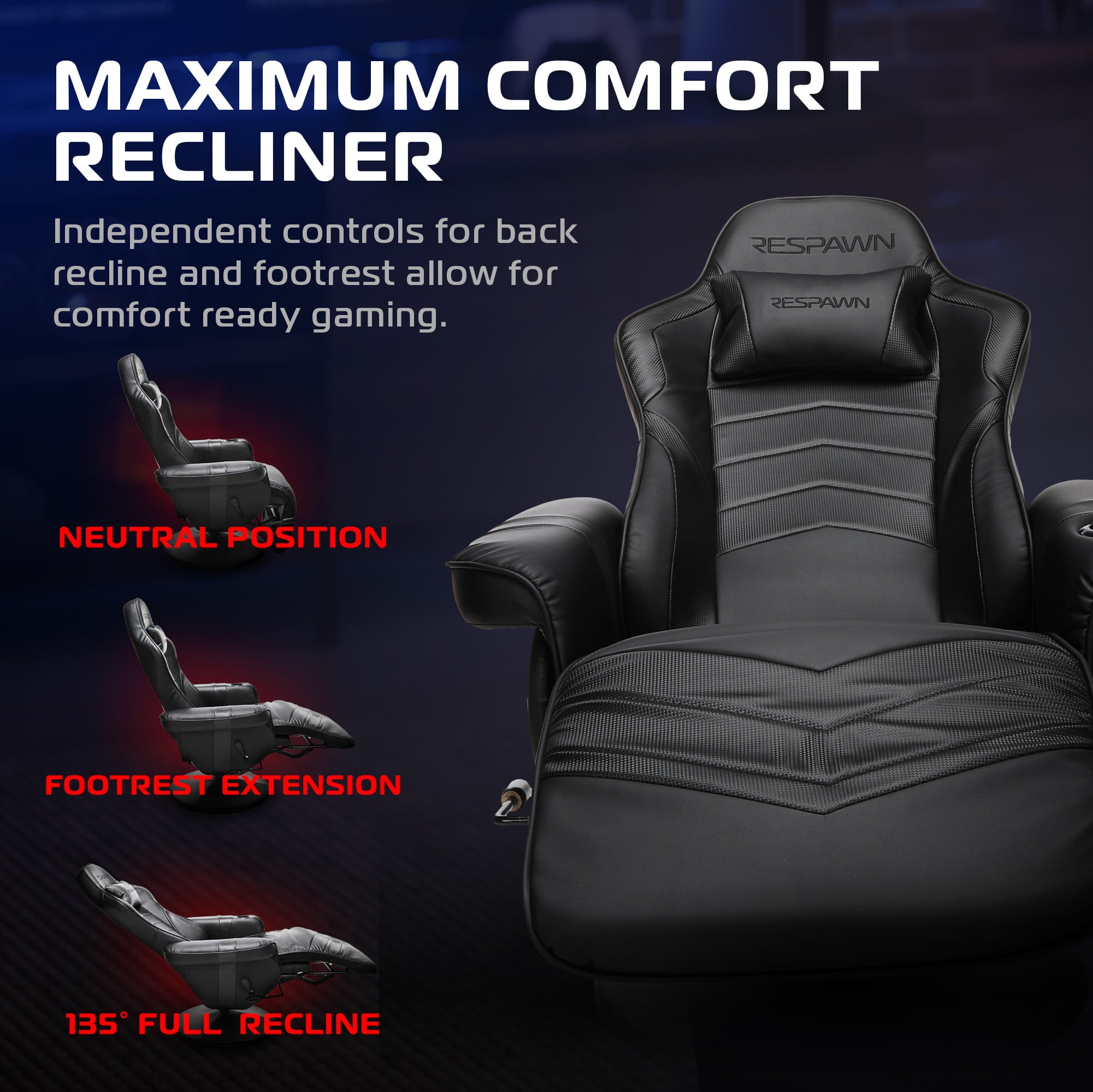 RESPAWN 900 Console Gaming Recliner with Footrest and Lumbar Support - Comfortable Ergonomic Gaming Chair with Headrest, No Wheels, Reclining, Heavy Duty, Racing Style Video Game Chairs - Black