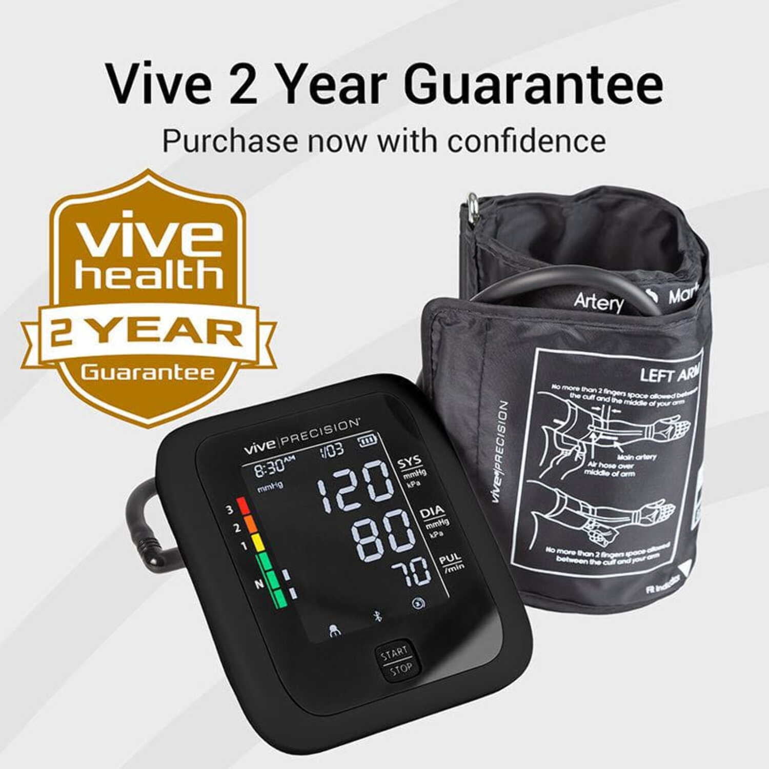 Vive Precision Upper Arm Blood Pressure Monitor (Model: BT-S) – Includes App for iOS & Android Compatibility