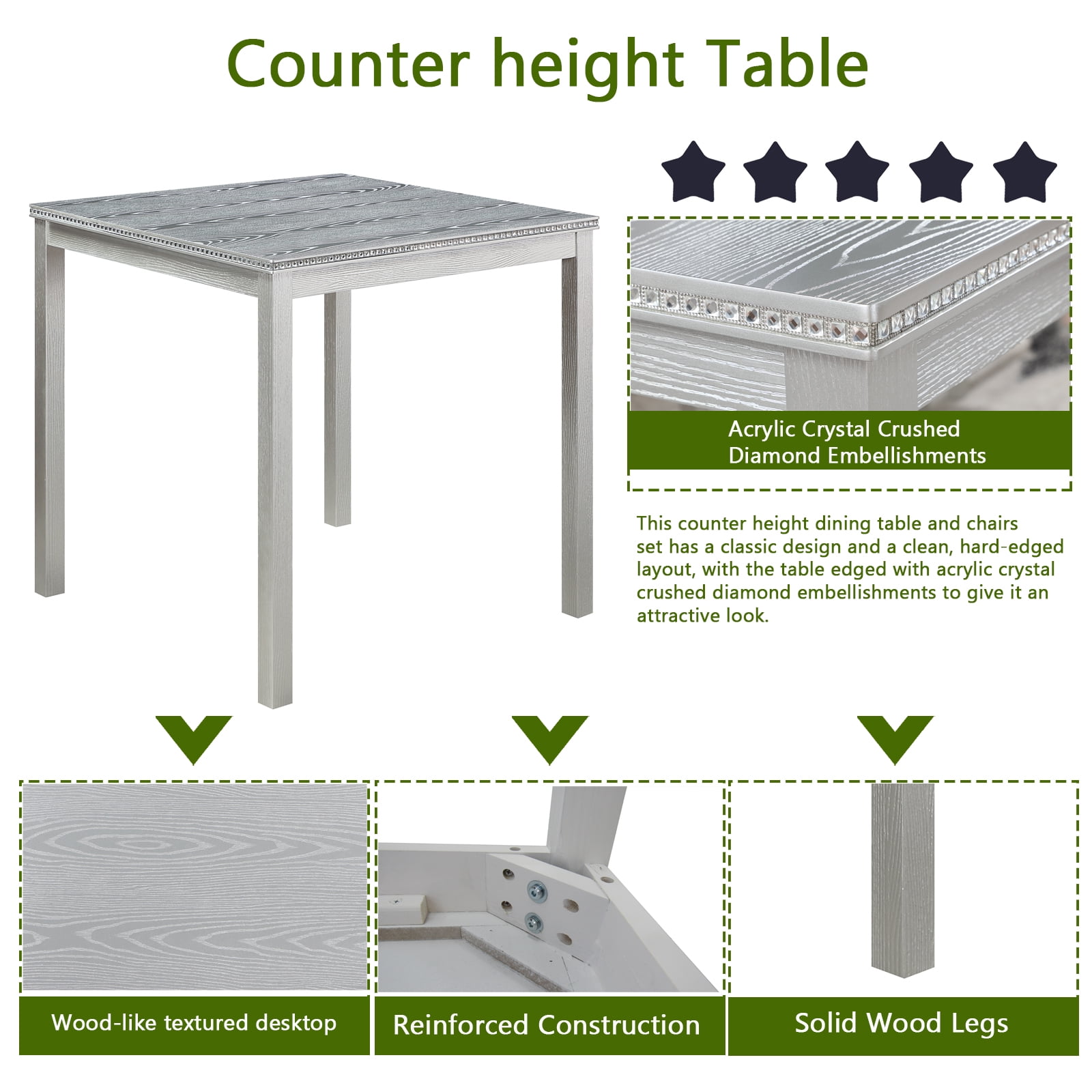 MAYEERTY 5 Piece Counter Height Table Set, Wooden Kitchen Table Set with Square Table and 4 Upholstered Chairs, Counter Height Dining Table with Crystal Decoration and Chair Set, Silver grey