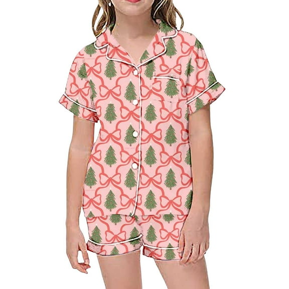 ANINEO Child Kids Outfit Sets Christmas Santa Girls Outfit Short Sleeve Tops With Button Down Collar And Comfy Shorts For Festive Holiday Family Nights Leisure Lapel Clothes Sets