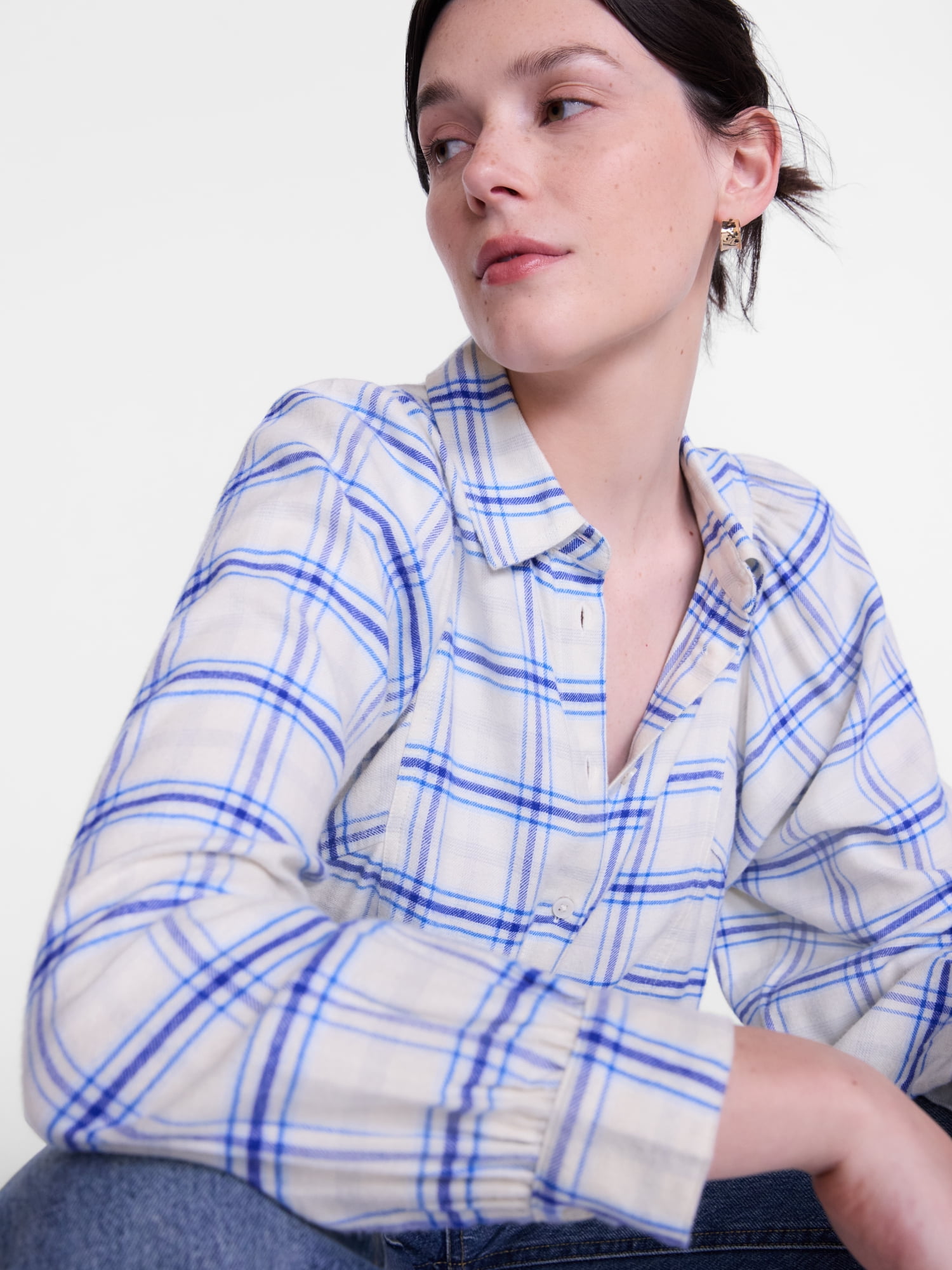 Scenario Women's Plaid Shirt with Long Puff Sleeves, Sizes XS-XXXL