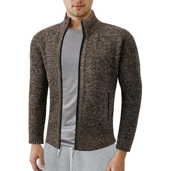 LZHGirlshop Men's Full Zip Cardigan Sweater Slim Fit Knitted Zip Up Solid Color Stand Collar Sweater with Pockets,Brown,3XL