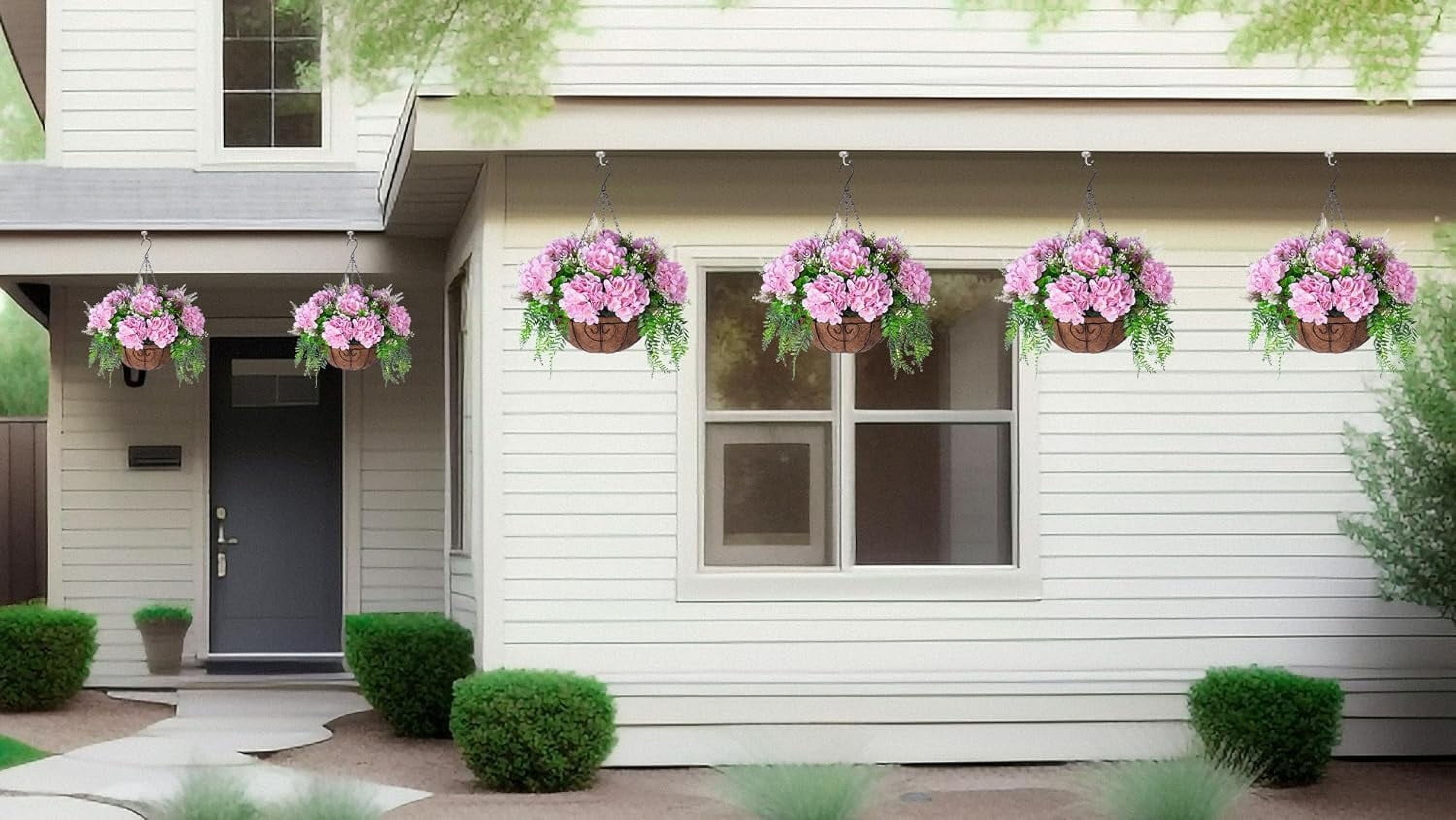 Artificial Flowers in Hanging Basket Planter for Home Spring Decoration, Silk Hydrangea Outdoor Indoor Arrangements, 12" Metal Coconut Lining Basket with Faux Plant(Champagne)